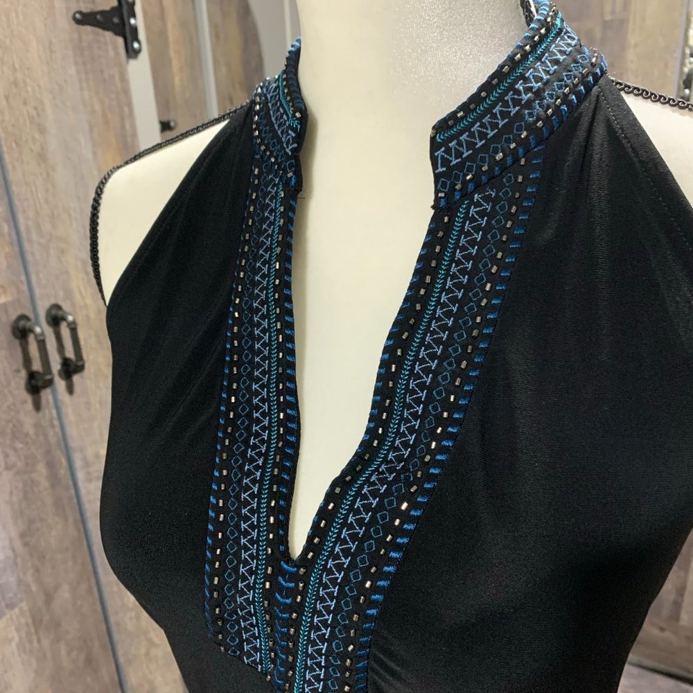 WHBM - White House Black Market deep V-Neck XS top. Black w/ Blue detail.